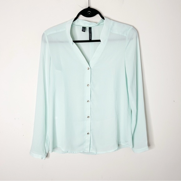 MANGO Button Down Shirt Blouse Sheer Crepe Long sleeve Mint green size XS - Picture 4 of 11